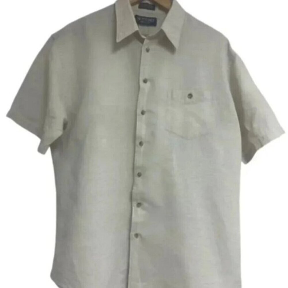 Stafford Short Sleeve Beige Tan Linen Party Breezer Camp Shirt Size 17 XL
